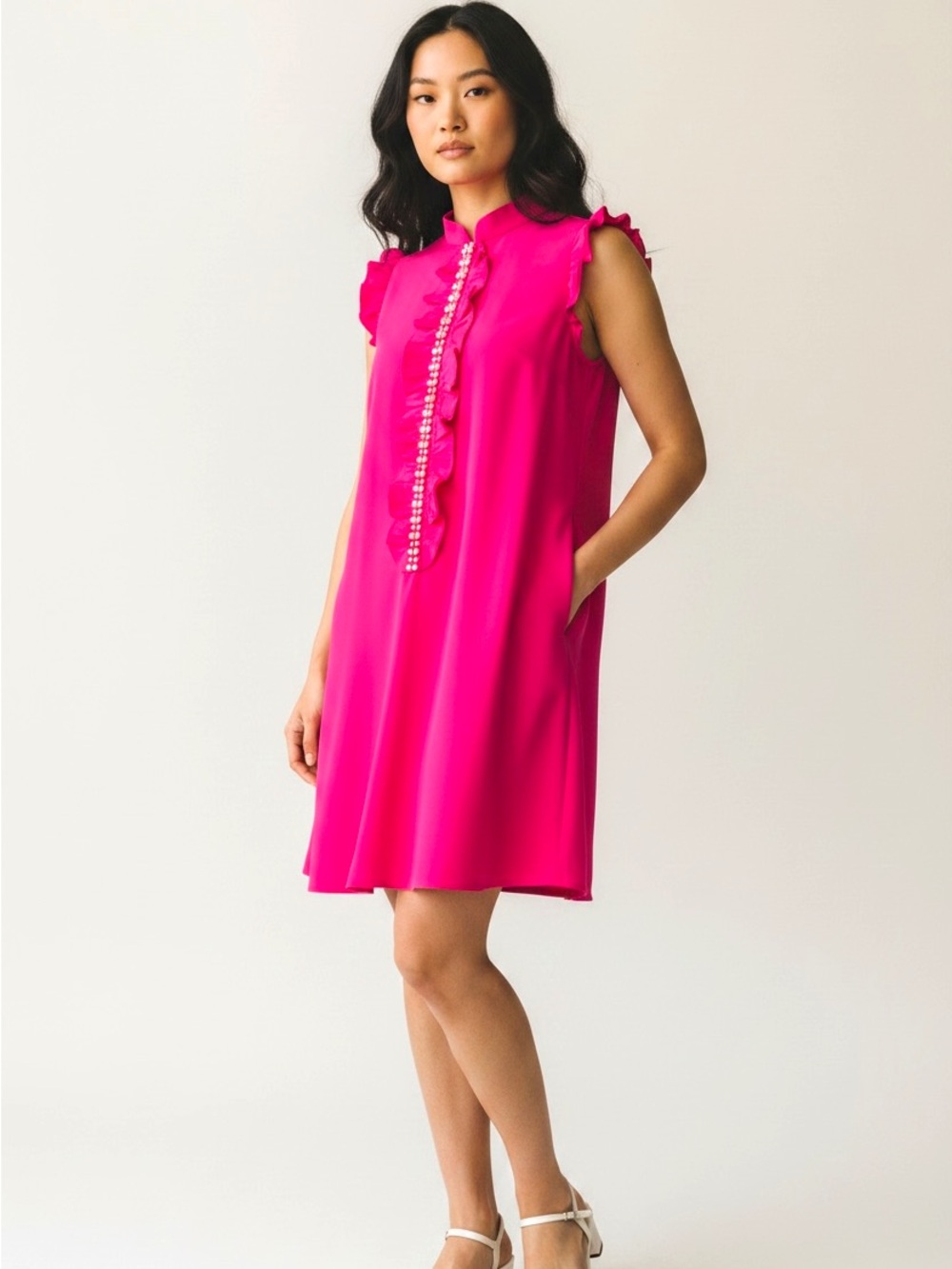Lilly Pulitzer Hot Pink Pearl and Ruffle-Trim Sleeveless Shift Dress